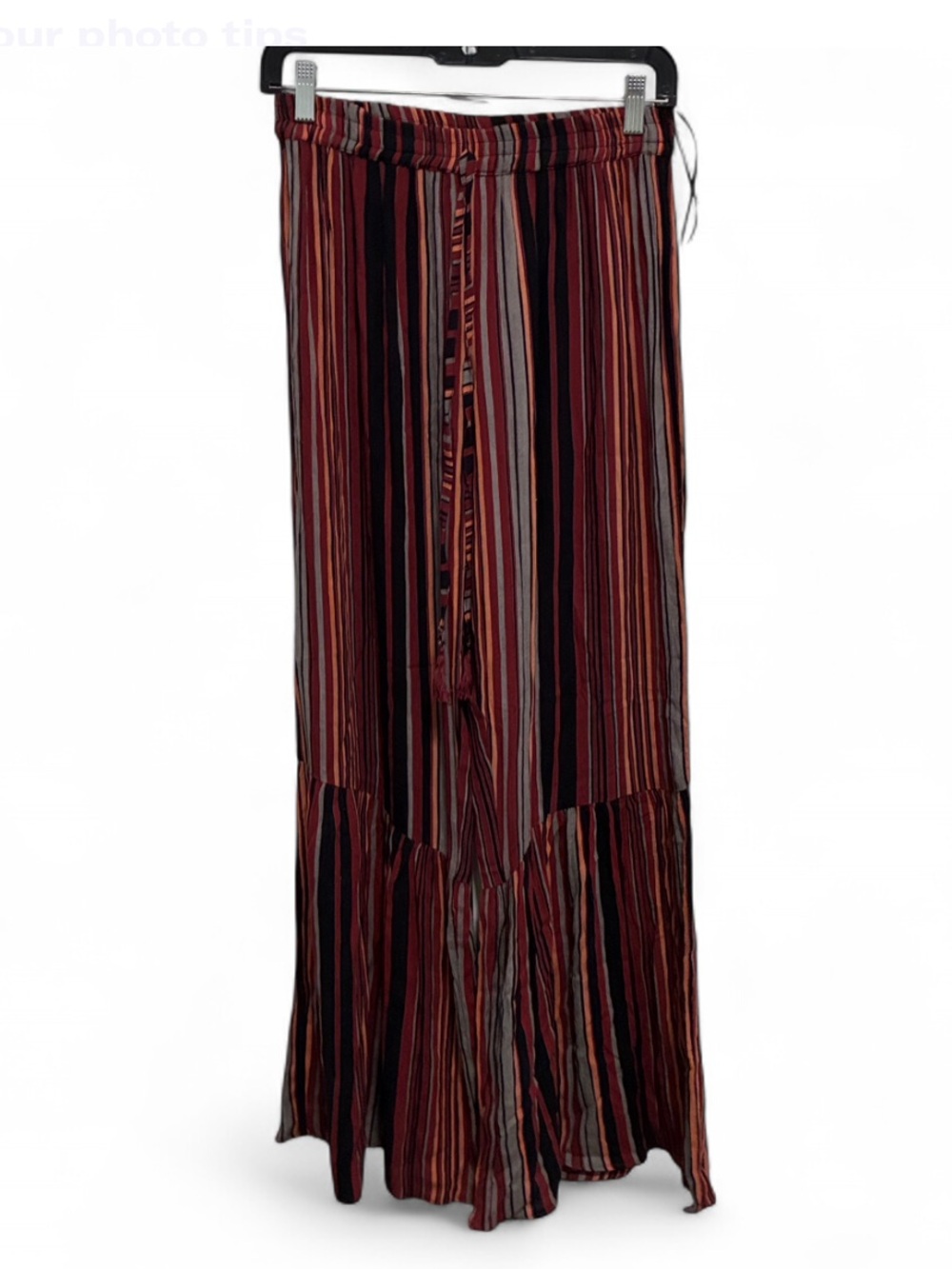 Angie Boho Striped Ruffle Hems Wide Leg Pants in Burgundy Multi